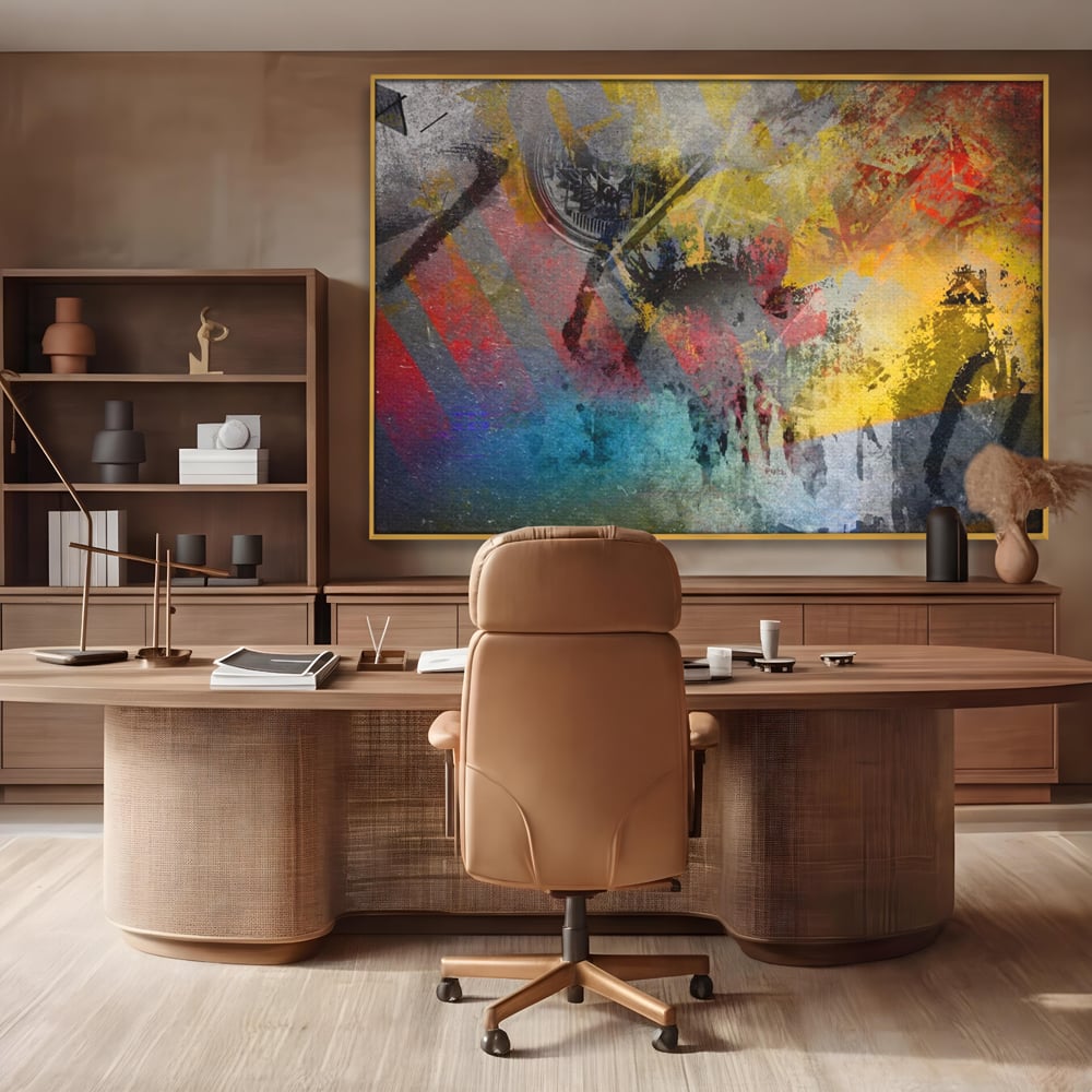 Tablou canvas cu pictura abstracta cu pete vibrante, in rama de aluminiu auriu, pe perete intr-un birou